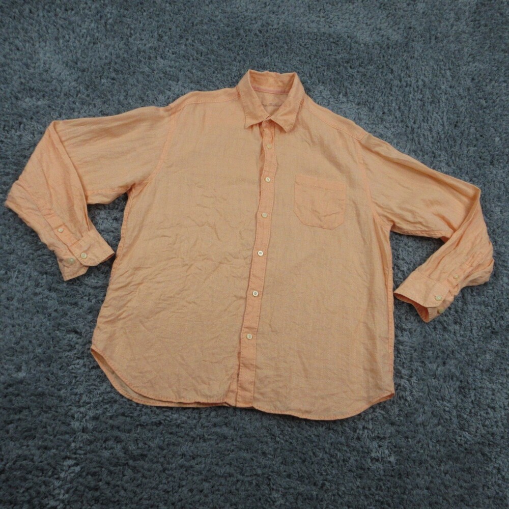 Tommy Bahama Shirt Mens Large Orange Linen Button Up Casual Palm Tree Embroidery